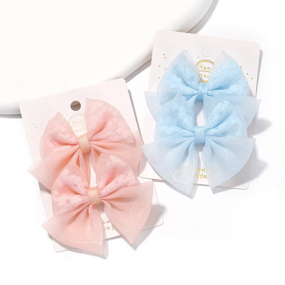 2pcs/set Lovely Bow Hairpins Solid Color Gauze Bows Clip for Kids Sweet Soft Hair Clips Pink Princess Girls Hair Accessories