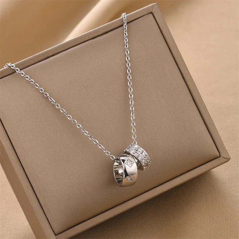 GD Luxurious Fashion Crystal Rhombus Necklace with Stainless Steel Ring Pendant Non Tarnish Gold Color Jewelry for Women