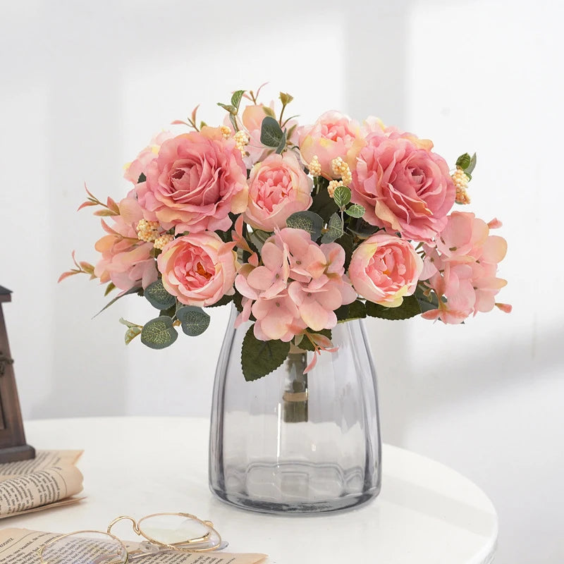 Artificial Flowers Retro Silk Rose Bouquet Hydrangea Peony Vintage Bride Holding Fake Plants Home Wedding Decoration Accessories