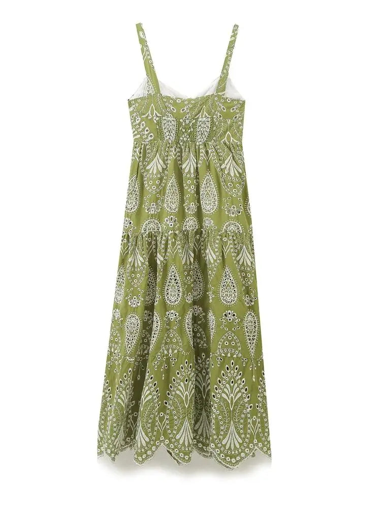 XNWMNZ 2024 Women Fashion Cutwork Embroidery Midi Dress Vacation Style V-neck Side Zipper Versatile Female Dresses