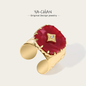 YACHAN Stainless Steel Gold Color Massive Rings for Women Vintage Red Acrylic Geometric Aesthetic Jewelry