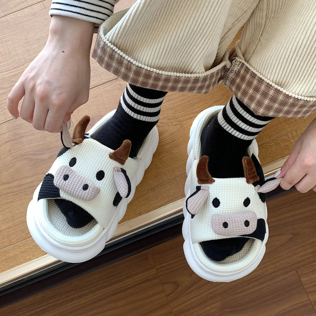 Four Seasons Indoor Home Sandals Cute Cartoon Frog Milk Cow House Slippers Personalized Couple Slides Women Linen Slippers