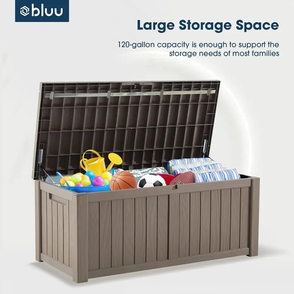 BLUU 120 Gallon Outdoor Deck Box Storage for Outdoor Pillows, Pool Toys, Garden Tools, Furniture and Sports Equipment