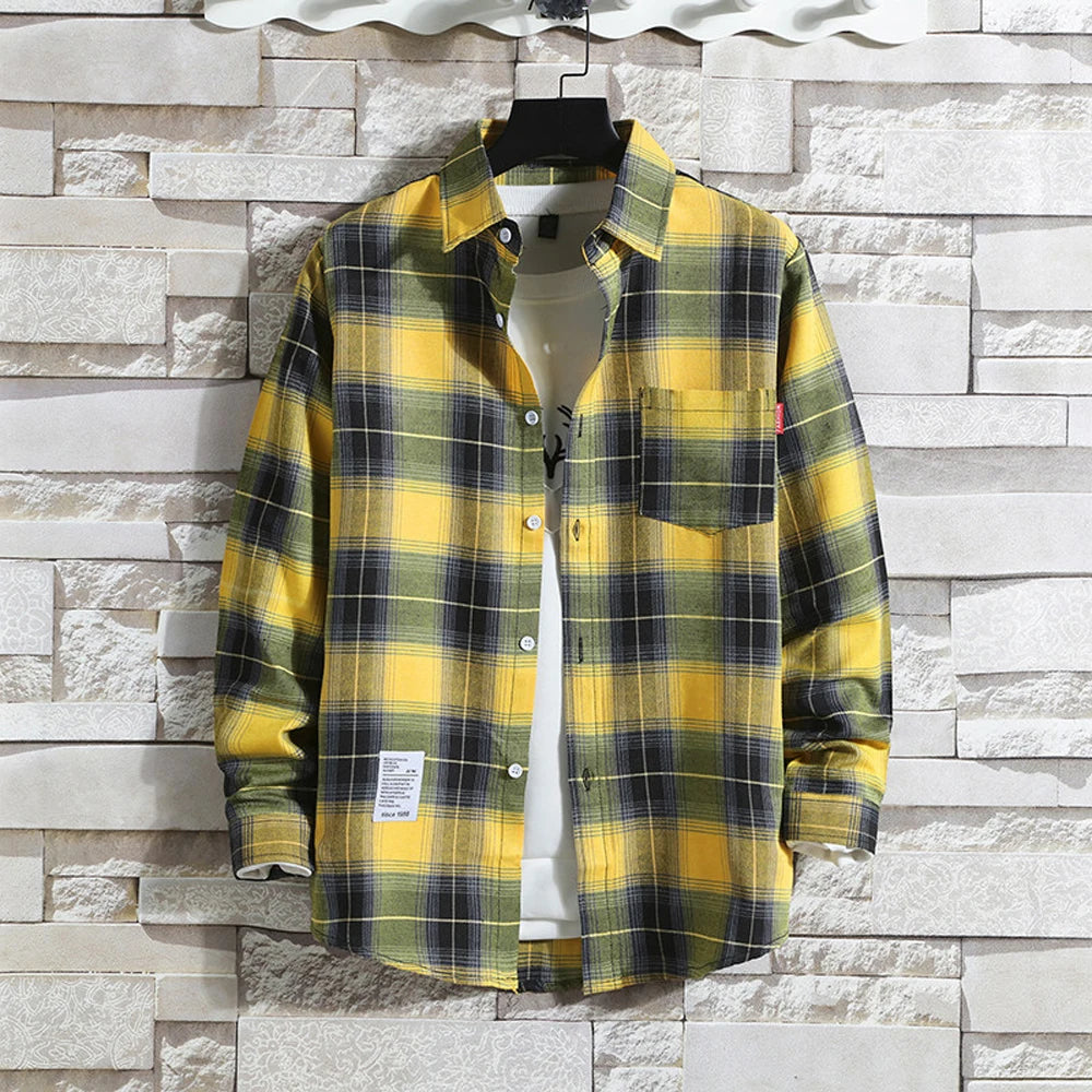 Men's Casual Plaid Shirt Polyester Long Sleeve Lapel Plaid Casual Loose Top Coat Street Retro Korean Fashion Shirt L-5XL