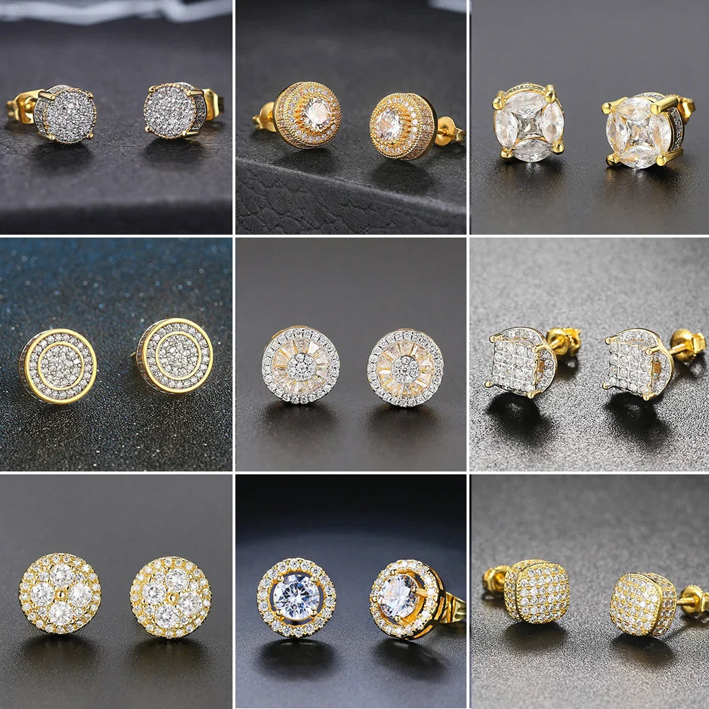 Round hip hop ice studded earring for men gold color iced out zircon piercing ear accessories personality jewelry for women