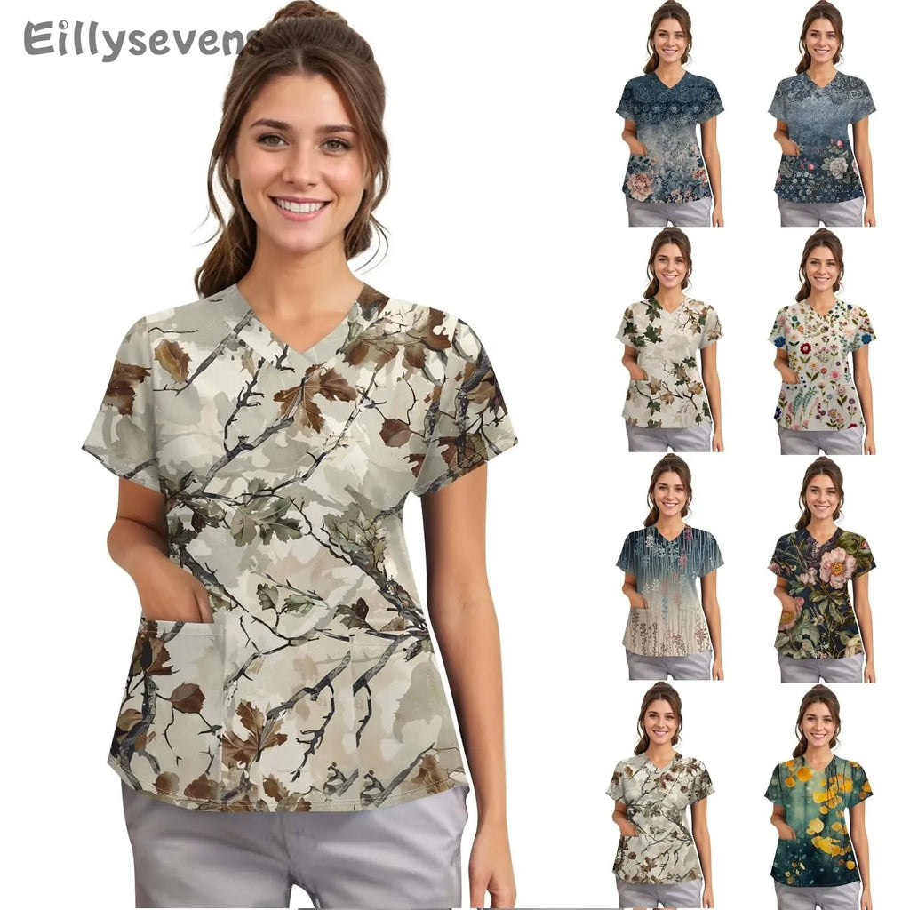 Nurse Uniform Women V-Neck Short Sleeve Tunic Hospitals Healthcare Workers Nursing Uniform Beauty Salon Spa Scrubs Printed Tops