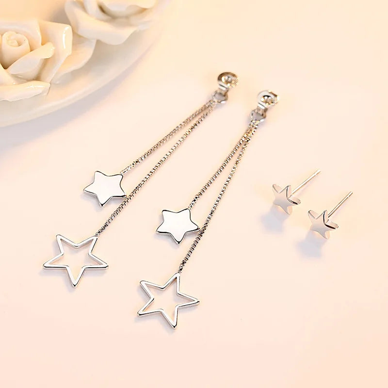 Genuine 925 Sterling Silver Jewelry Long Chains Star Drop Earrings For Lady New XY0026