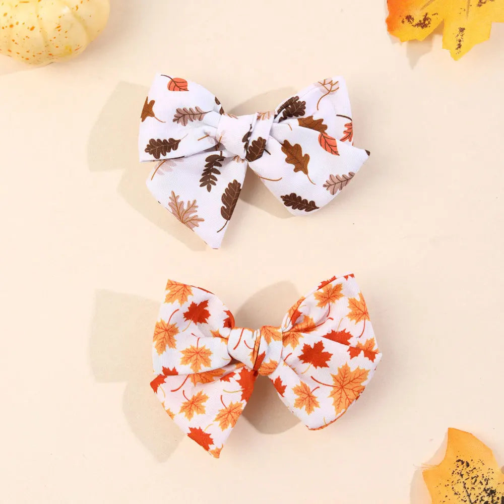 1/2PCS Thanksgiving Hair Bow Clips For Girls Ribbon Maple leaf Pumpkin Printing Hairpins Headwear Kids Hair Accessories