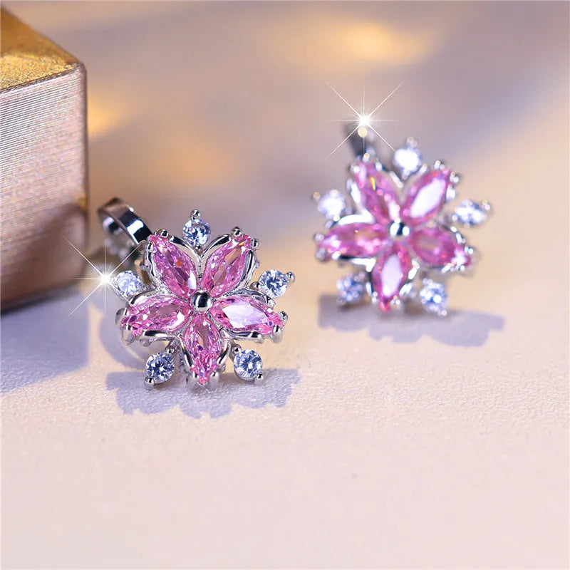 Luxury Female Small Pink Zircon Stone Clip Earrings Charm Silver Color Wedding Jewelry For Women