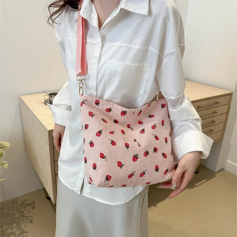 Classic Corduroy Strawberry Printing Shoulder Bag Removable Adjustable Strap Crossbody Bag Women Student Cute Fruit Tote Bag