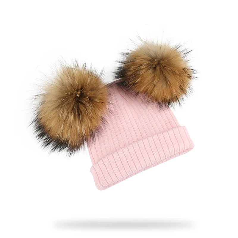 Winter Kids Natural Raccoon Fur Double Pompon Hat And Scarf For Girls Baby Cap With Genuine Pompom Children's Accessories Bonnet