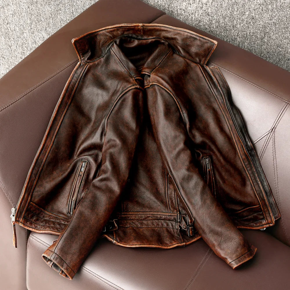 Men Genuine Leather Jacket Vintage Brown 100% Cowhide Coat Man Slim Fashion Biker Clothing Asian Size S-6XL M697 Dropshipping