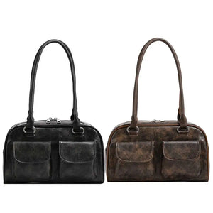 Women Vintage Shoulder Bag Double Pocket PU Chic Hobo Bag Solid Color Single Shoulder Bag Large Capacity Retro Handbag