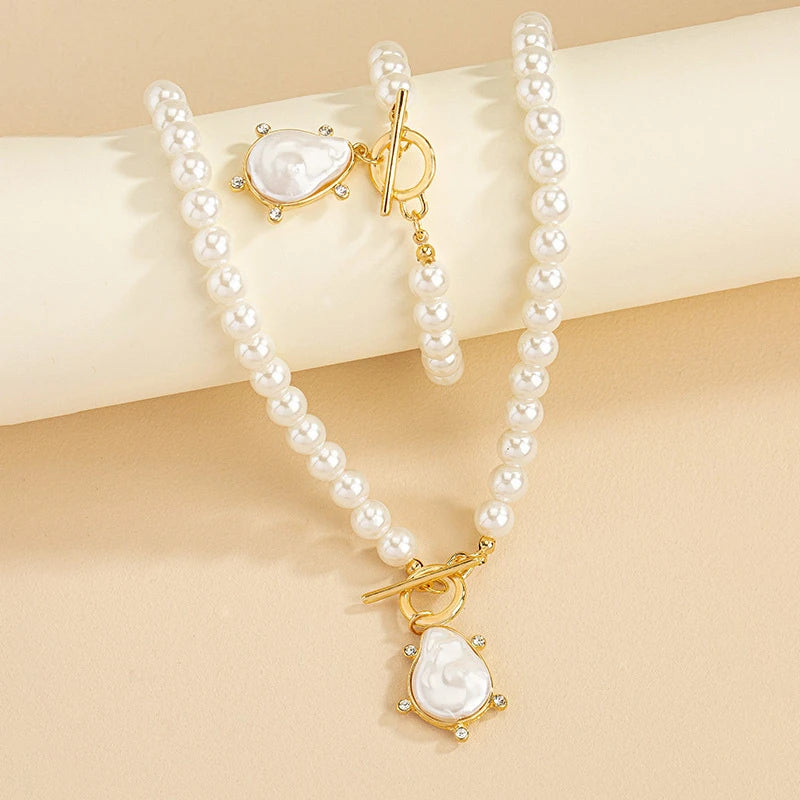 Irregular Imitation Pearl Pendant Bracelet Necklace Set For Women's Collarbone Chain Holiday Party Gift Fashion Jewelry AS007