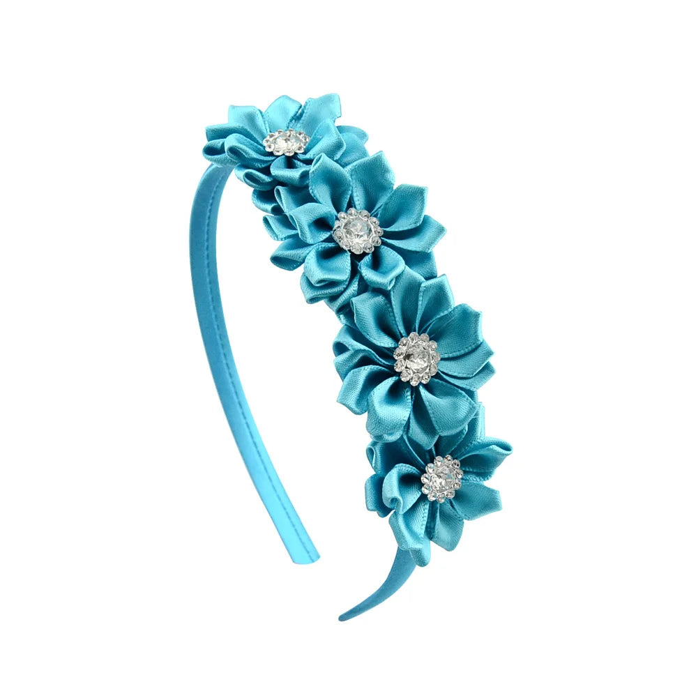 1PC Cute Hairband Kids Princess Headwear Boutique Triple Satin Flowers with Zircon Hair Accessories Head Hoop for Girls Headband