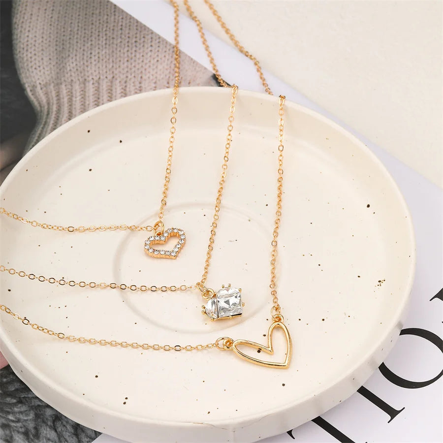 Crystal Zircon Heart Charm Layered Pendant Necklace Set for Women Charms Fashion Square Rhinestone Female Vintage Jewelry Gifts