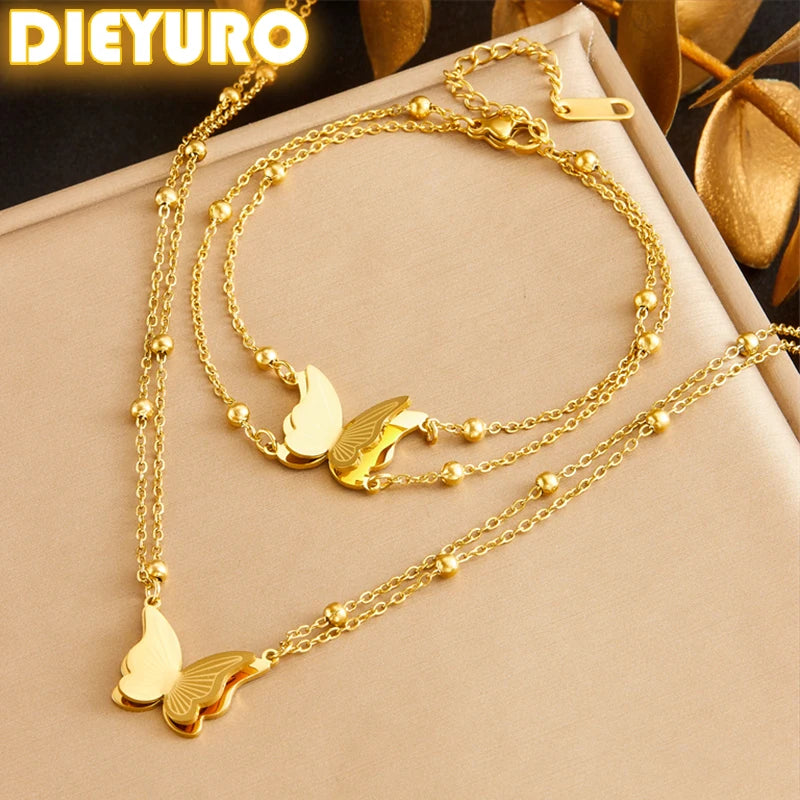 DIEYURO 316L Stainless Steel Golden Bead Butterfly Double-layer Necklace Bracelet Suit Women 2024 New TrendNon-fadingjewelry Set