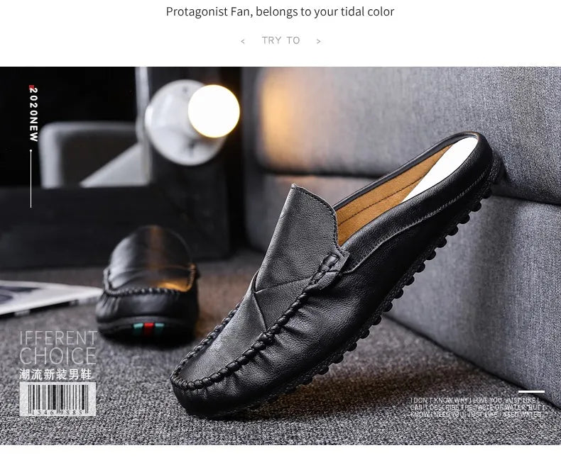 New 2023Half Shoes For Men Leather Half Slipper Slip On 3 Colors Flat Italian Style Fashion Driving Shoes Man Ciabatte