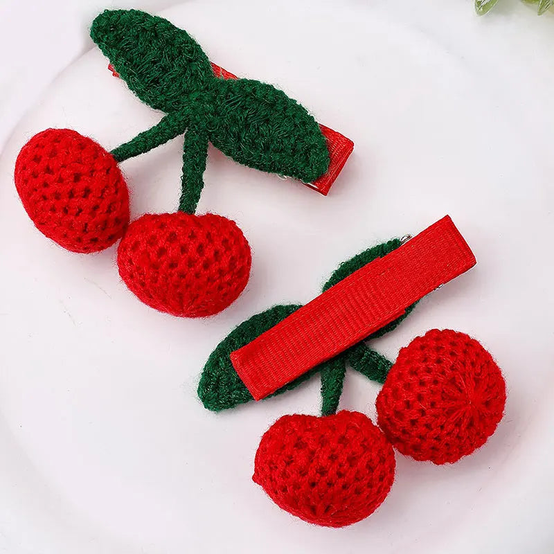 2Pcs Cute Knitted Cherry Hair Clip Handmade Side Bangs Hairpins Kids Barrettes Cartoon Baby Headwear Hair Accessories