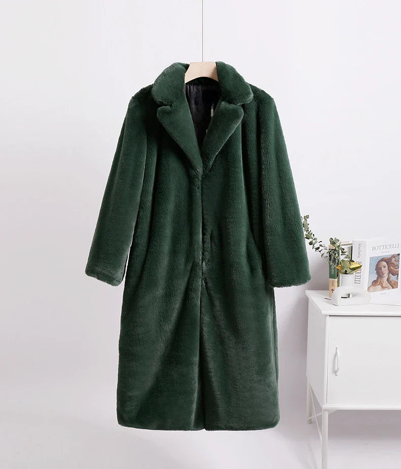 2023 Winter Women High Quality Faux Rabbit Luxury Long Fur Coat Lapel OverCoat Thick Warm Female Plush Jacket Large Size 5XL