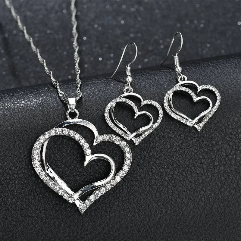 Fashion European and American Heart Shaped Wedding Dinner Wedding Dress Accessories Double Love Earrings Necklace Bracelet Gift