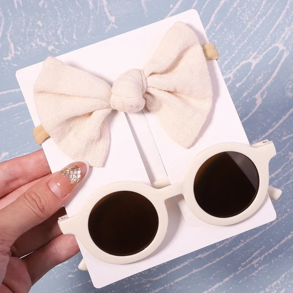 2Pcs/set Kids Summer Round Sunglasses Bows Headband Gift Sets Children Lovely Glasses Protection Hair Accessories for Girls
