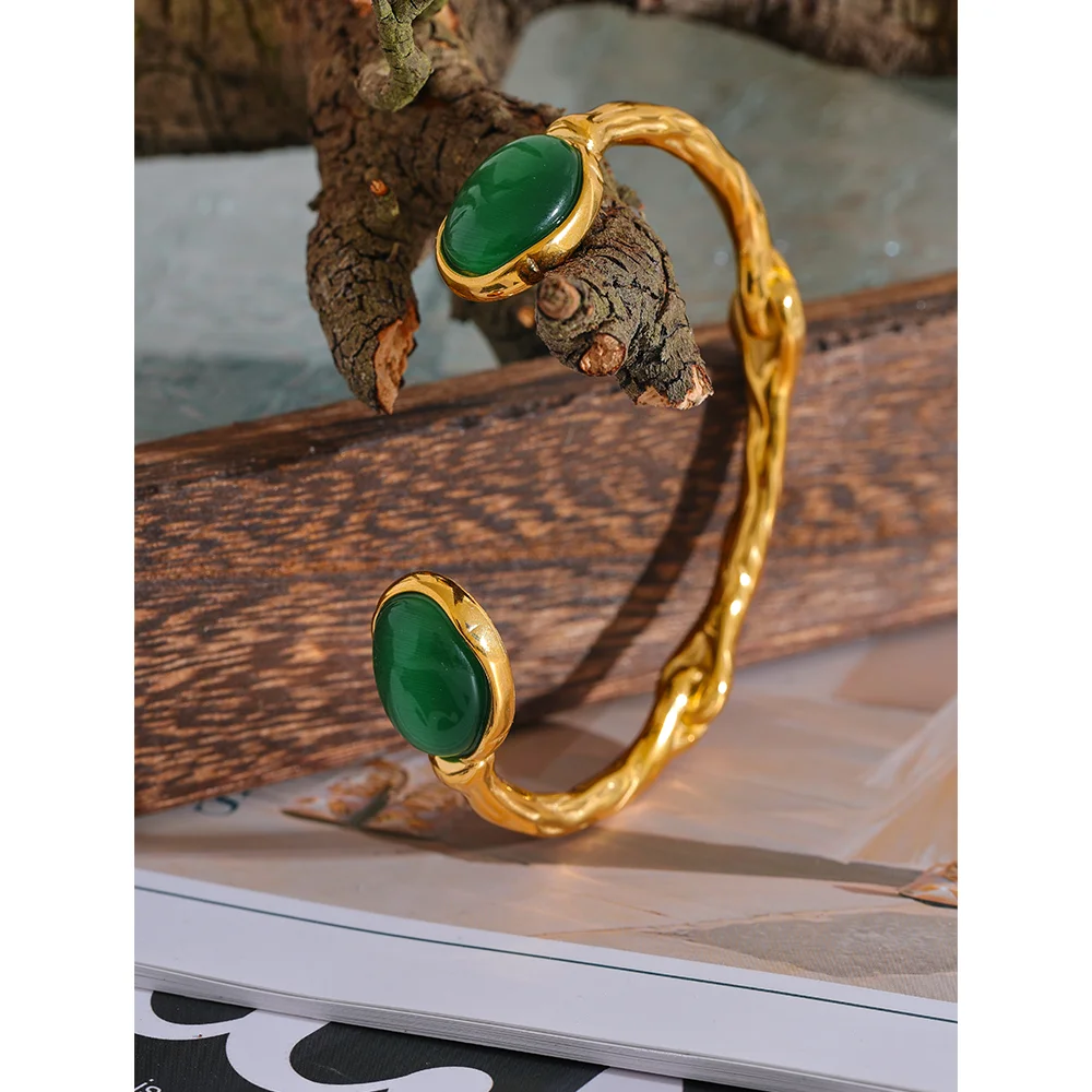 Yhpup Green Natural Stone Stainless Steel Gold Color Cuff Bracelet Bangle Women High Quality Textured Stylish Statement Jewelry