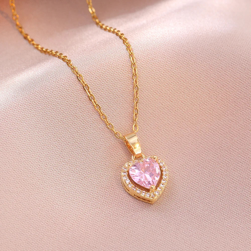 Stainless Steel Chain Pink Heart-shaped Zircon Pendant Necklace for Women Lady Sweet Jewelry Accessories Gifts