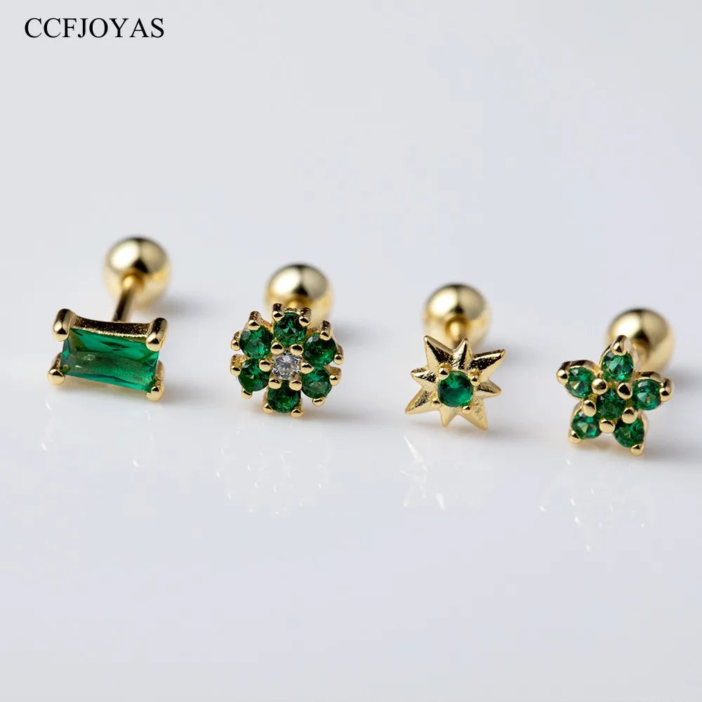 CCFJOYAS 1 pair of 925 Sterling Silver Green Zircon Gold Stud Earrings Women Piercing Clips Wedding Crystal Jewelry Wholesale