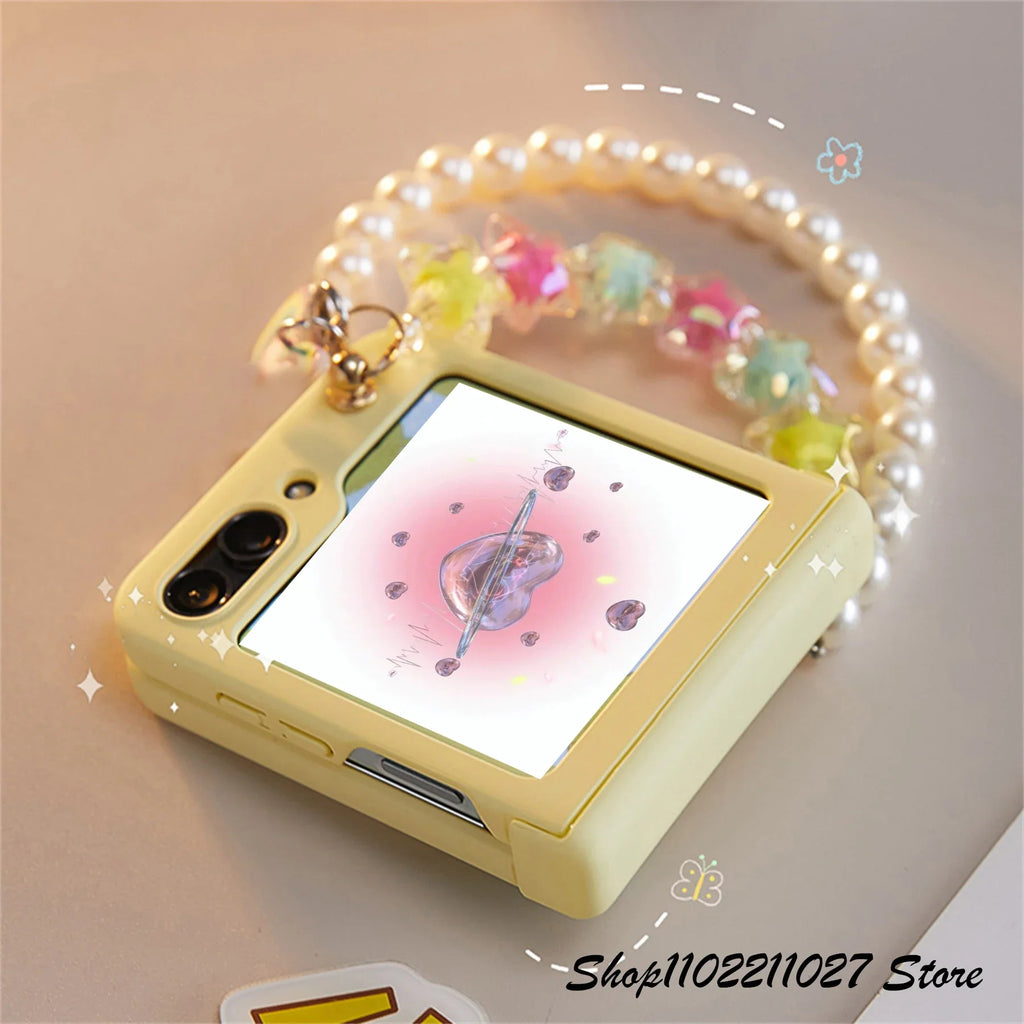 Cute Korean 3D Candy Color Stars Pearl Bracelet Yellow Solid Case for Samsung Z Flip6 5 5G Z Flip5 Zflip6 Zflip5 Z Flip 5 Cover