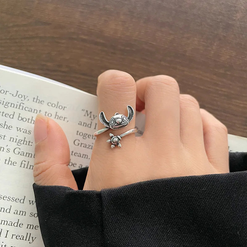 Disney Stitch Ring 925 Sterling Silver Ring Female Cartoon Niche Versatile Cute Index Finger Ring Non-fading Silver Jewelry