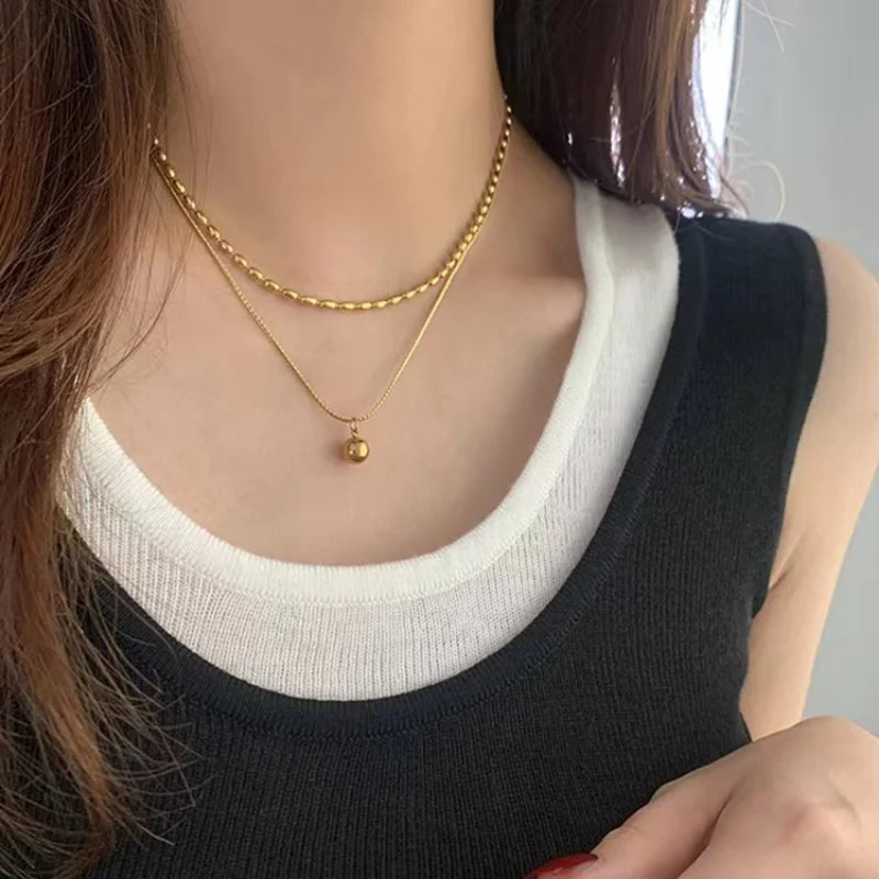 18K Gold Plated Titanium Steel Double Layered Bead Pendant Necklace for Women Teen Girls Dainty Fashion Jewelry Gifts for Her