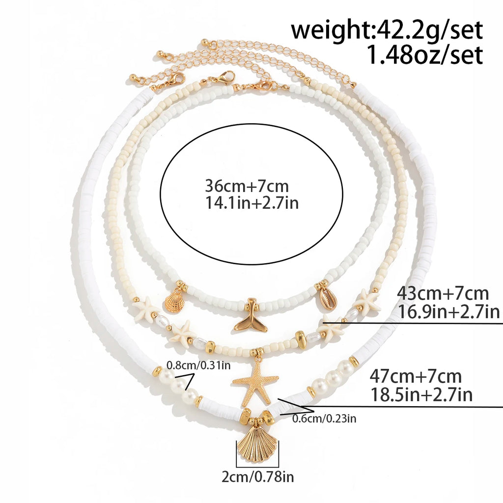 SHIXIN 3Pcs Beach Fish Tail Starfish Short Choker Necklace Set for Women Boho Imitation Pearl Rice Beads Collar Chain Jewelry