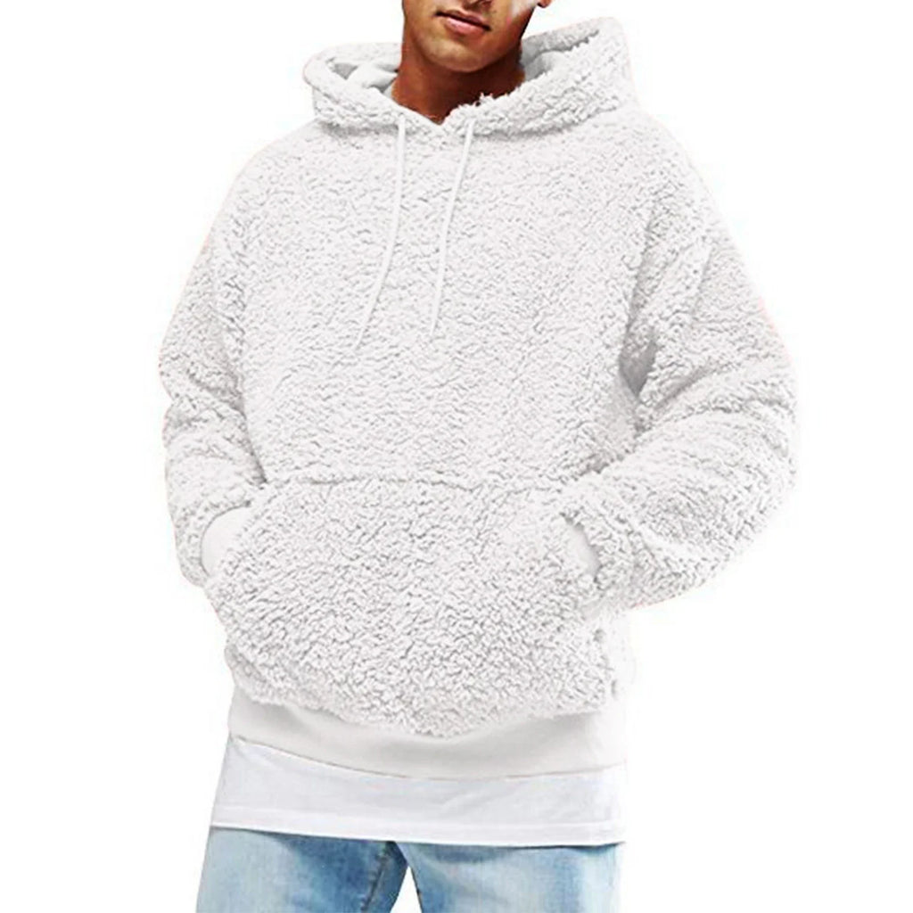 Autumn Winter Men's Sherpa Hoodie Fuzzy Pullover Winter Hoodie Polar Fleece Solid Color Hooded Long Sleeves Pullover Sweatshirt