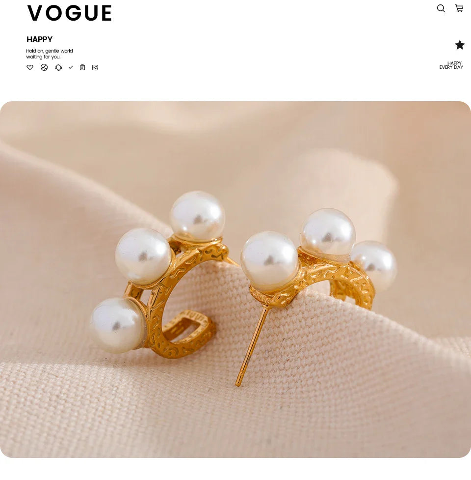 Yhpup Vintage Imitation Pearls Golden Stainless Steel Geometric Hollow Earrings Exquisite 18k PVD Plated Korean Charms Jewlery