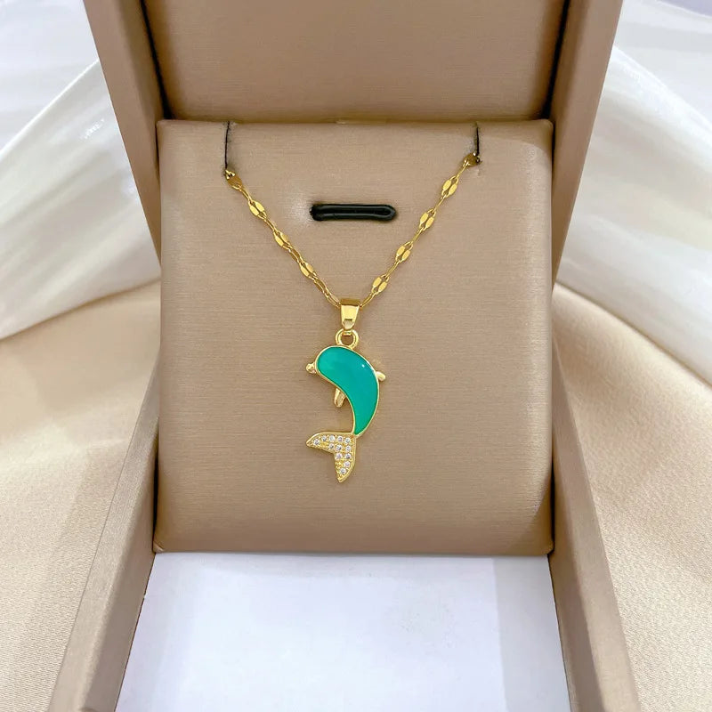 [titanium steel] fashionable and versatile zirconia dolphin necklace women's clavicle chain titanium steel jewelry