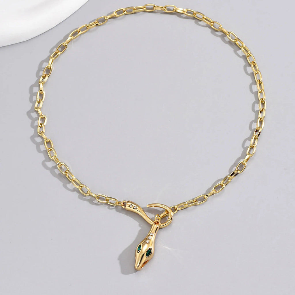 Statement Zirconia Snake Design Women's Pendant Necklace Stainles Steel Gold Plated Paperclip Chain Jewelry