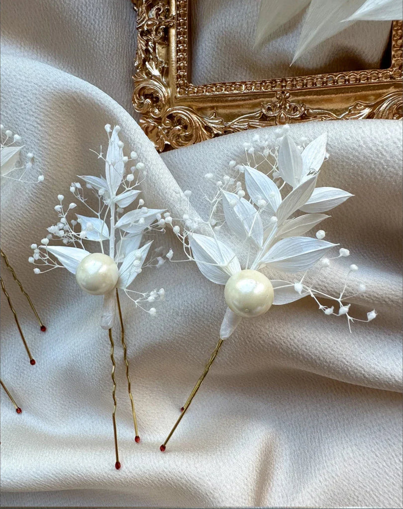 Elegant Dried Flower HairPins With Pearls Bridal Hair Accessories Boho Wedding  Babys Breath Pins White Dried Flower Pins