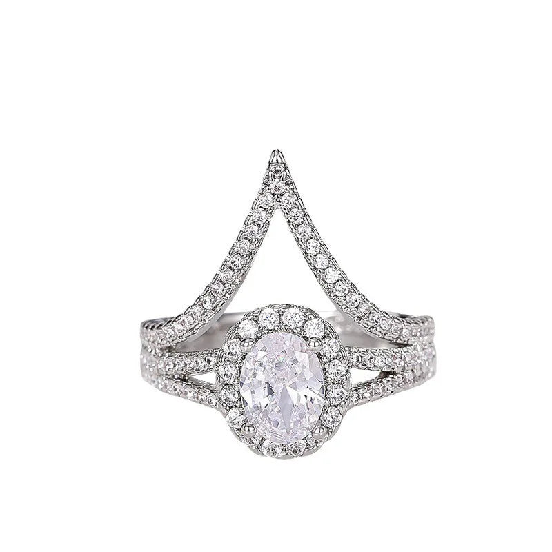 Trendy Luxury Creative V Shape Design New Women Rings Dazzling Silver Color Zircon Female Accessories Engagement Party Jewelry