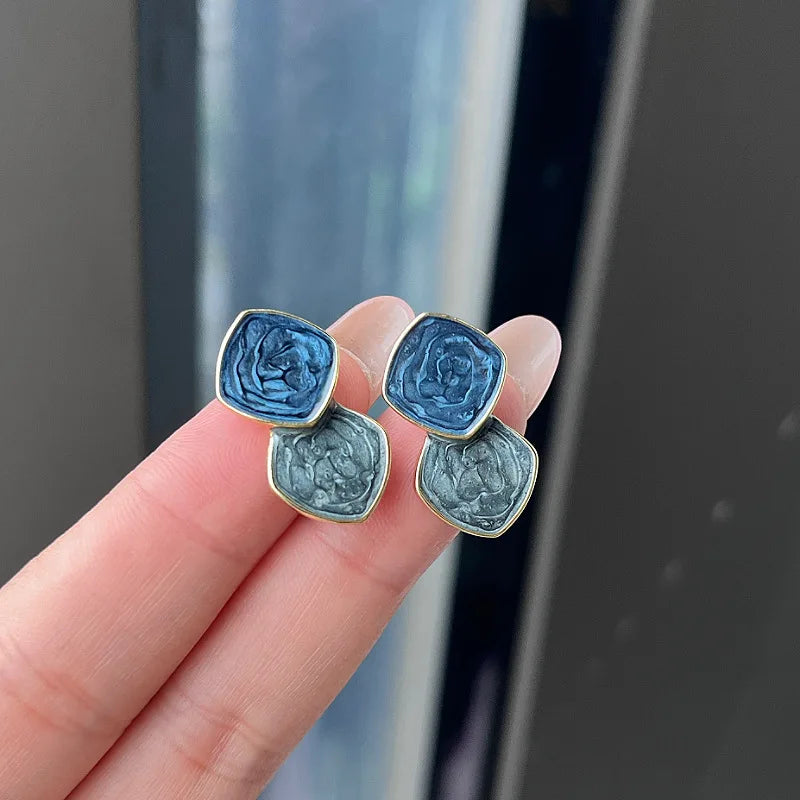 Bohemian Square Blue Zircon Stud Earrings For Women Fashion Enamel Geometric Pendant Earrings Charms Vintage Daily Jewelry Gift