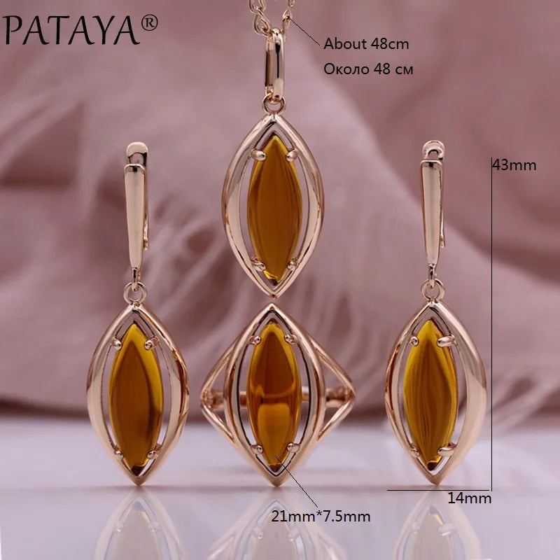 PATAYA Women 585 Rose Gold Color Dark Brown Cubic Zircon Stone Wedding Rings Earring Pendant Necklace Set Fashion Jewelry 2023