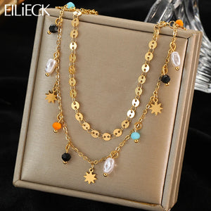 EILIECK 316L Stainless Steel Pearls Eight Awn Star Chain Necklace For Women Vintage Girls Neck Jewelry Chokers Gifts Accessories