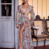 European and American fashion sexy printed lantern long sleeved V-neck slit dress