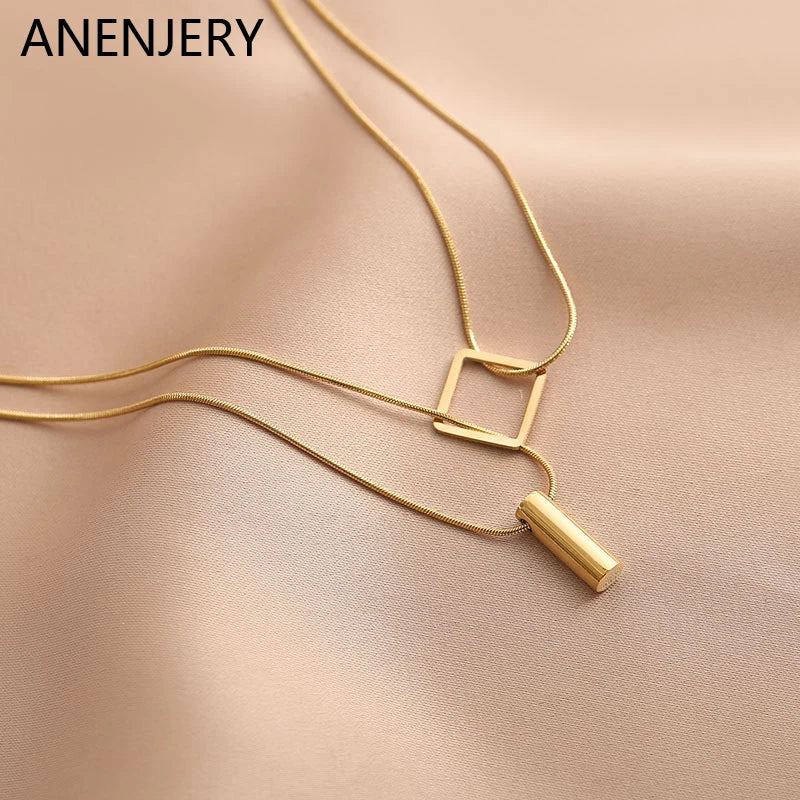 ANENJERY 316L Stainless Steel Necklace for Women Geometric Multilayer Clavicle Necklace Festive Party Jewelry Gift collier