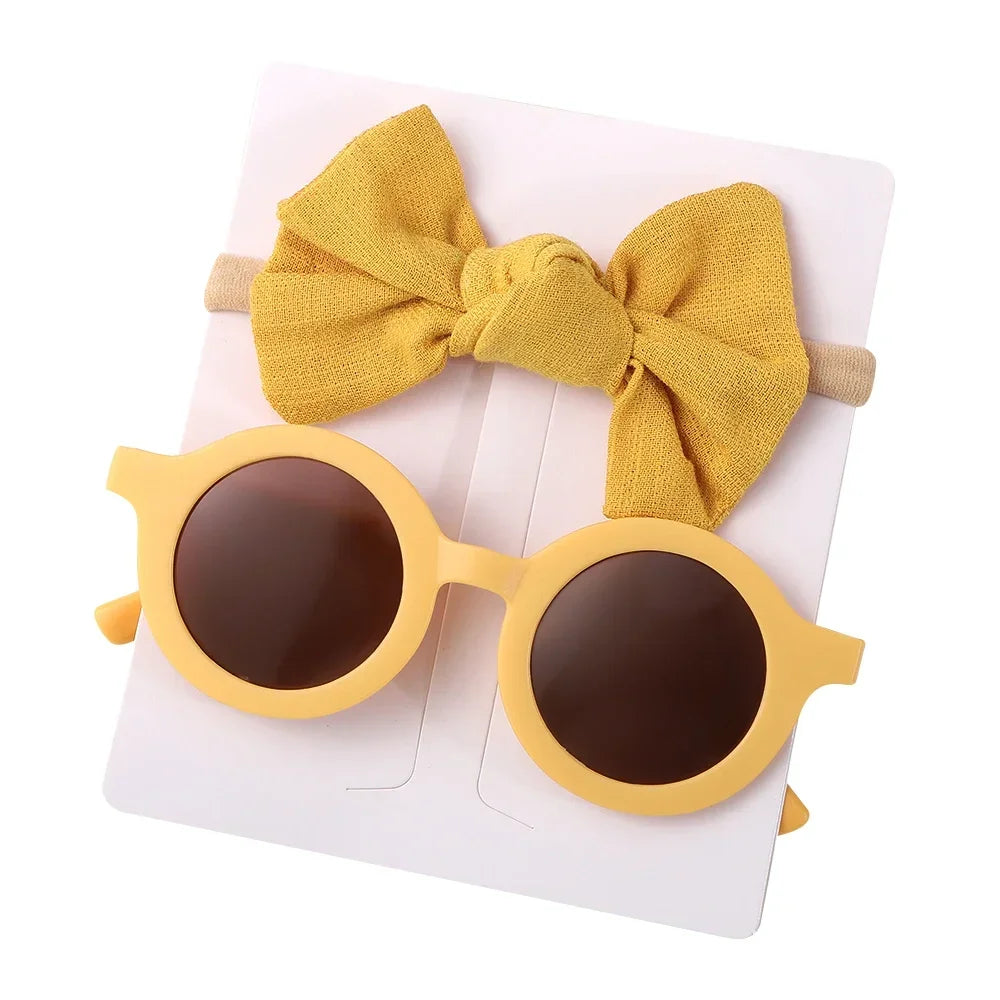 2Pcs/set Kids Summer Round Sunglasses Bows Headband Gift Sets Children Lovely Glasses Protection Hair Accessories for Girls