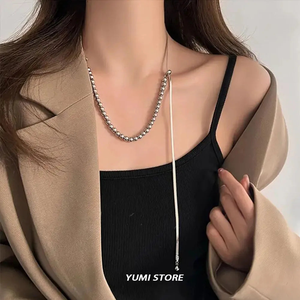 2024 Trend Pulling Steel Ball Necklace For Woman New Korea Fashion Luxury Elegance Clawbone Chain Choker Jewelry Work Date Gift