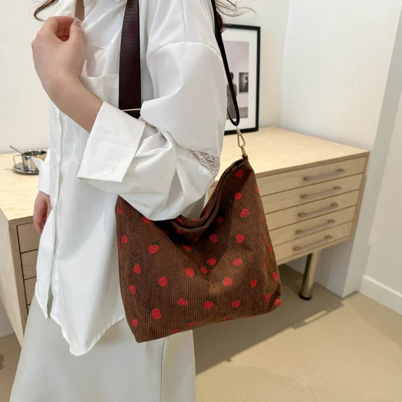 Classic Corduroy Strawberry Printing Shoulder Bag Removable Adjustable Strap Crossbody Bag Women Student Cute Fruit Tote Bag