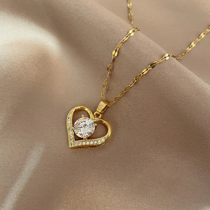 Luxury Shiny Zircon Crystal Heart Pendant Stainless Steel Necklace For Women Korean Fashion Female Wedding Jewelry Neck Chain
