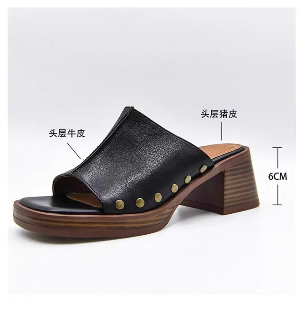 Women Slippers Thick High Heels Genuine Leather Quality Fashion Peep Toe Pumps Platforms Casual Party Shoes Woman Slides Women