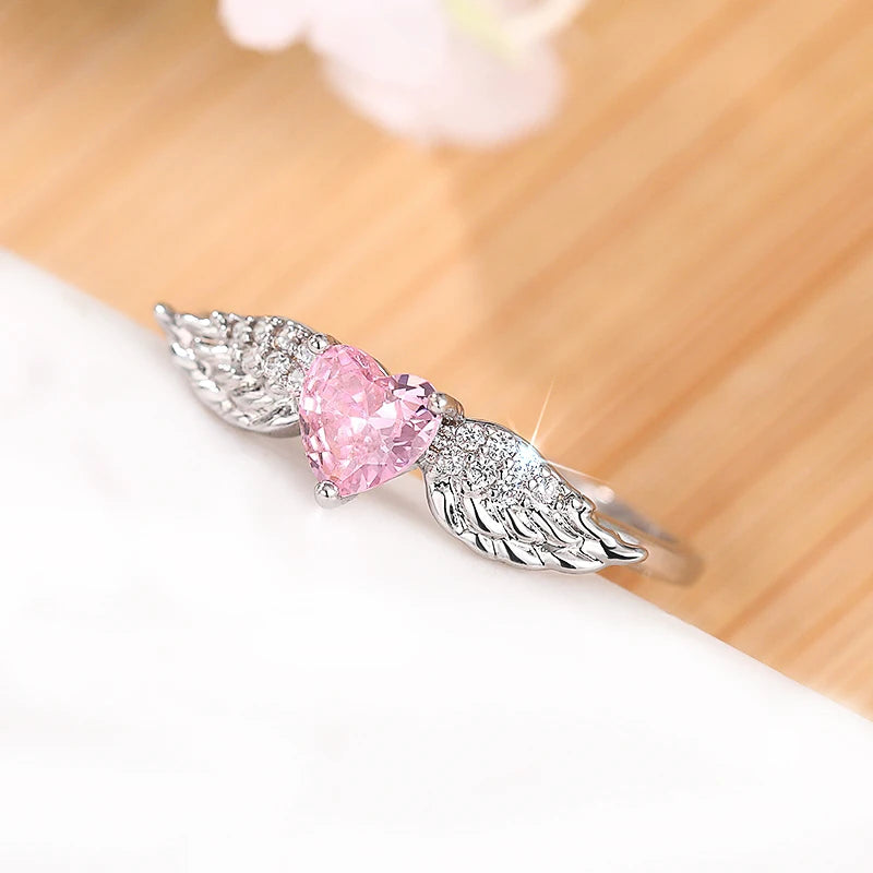 Huitan Chic Angel Wing Ring Female Engagement Jewelry Romantic Heart Pink Zirconia Finger Accessories Delicate Love Accessories